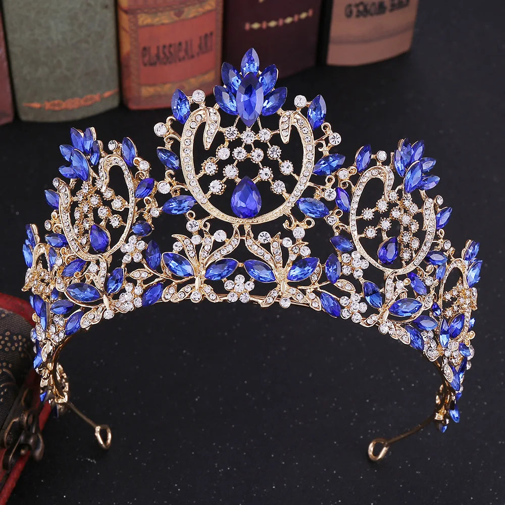 Baroque Crystal Rhinestone Tiara - Vintage Bridal Crown for Weddings & Prom Gold Blue