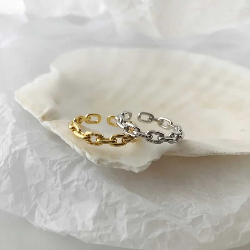 Trendy Unisex 18k Gold Plated 925 Sterling Silver Chain Cuff Ring for Daily Wear