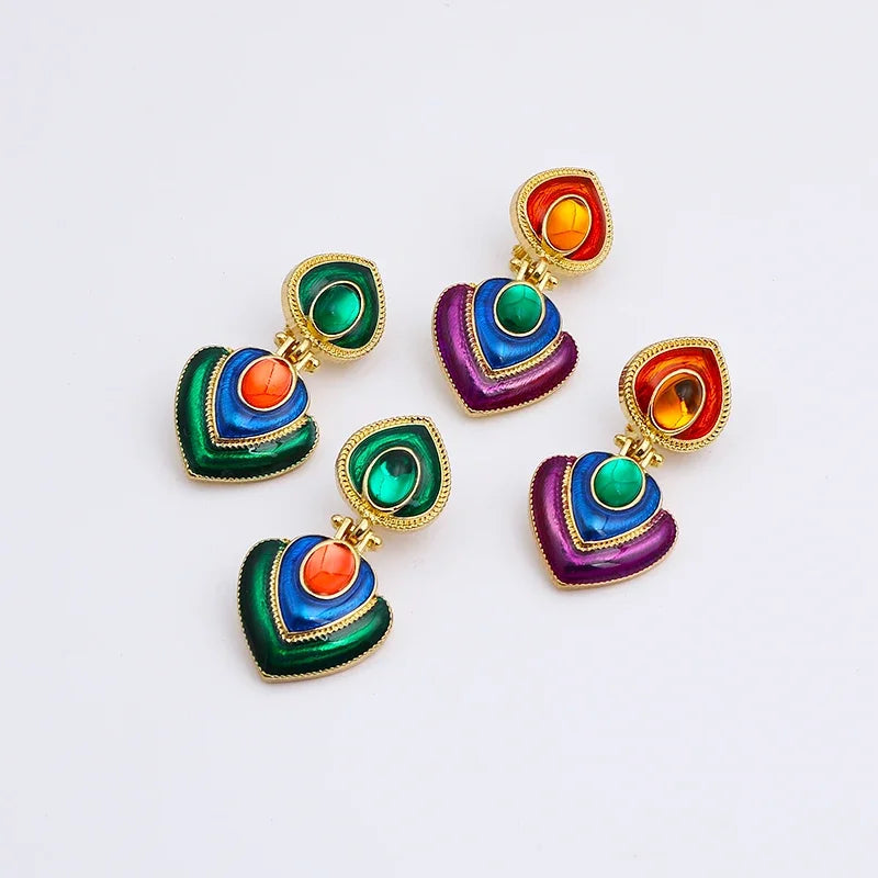 Boho Colorful Crystal Resin Heart Clip-On Earrings for Women Fashion Statement Jewelry