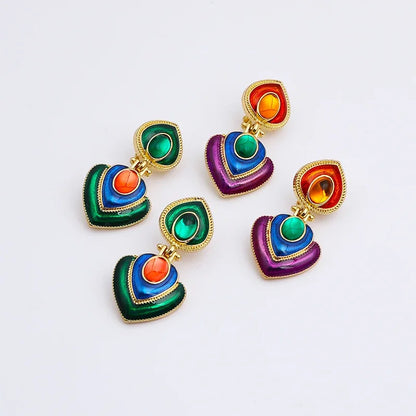 Boho Colorful Crystal Resin Heart Clip-On Earrings for Women Fashion Statement Jewelry