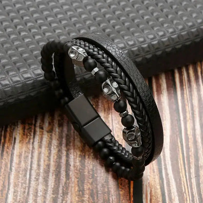 Men's Leather Bracelet with Stainless Steel Tree of Life Charm - Stylish Multi-Layer Fashion Accessory