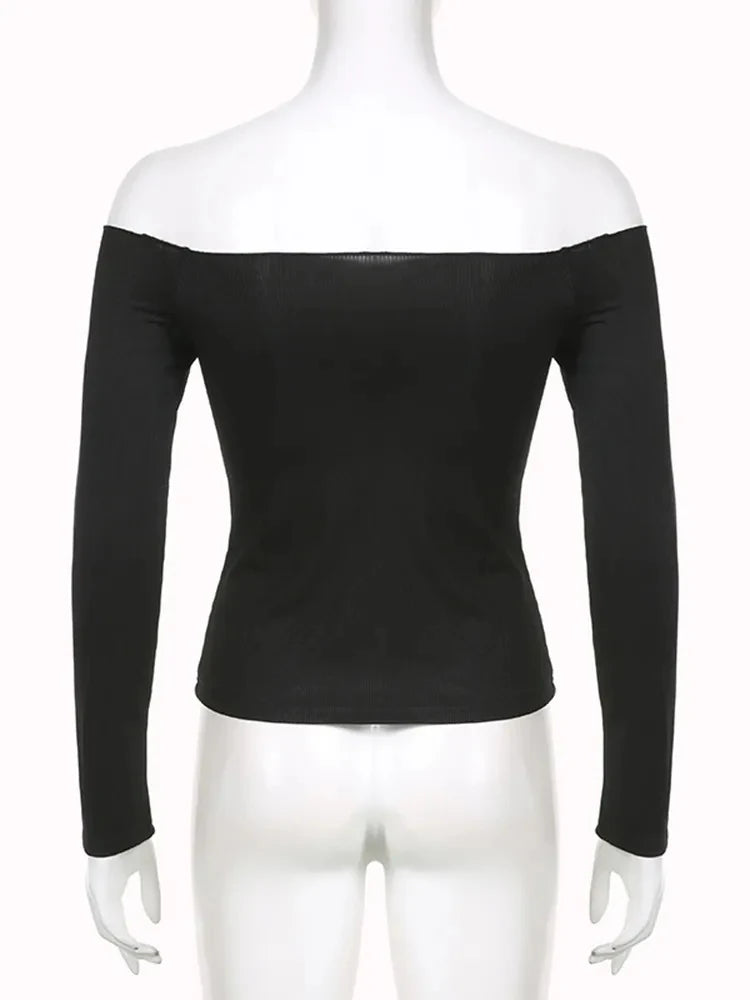 Korean Black Slash Neck Slim Cropped Long Sleeve Top