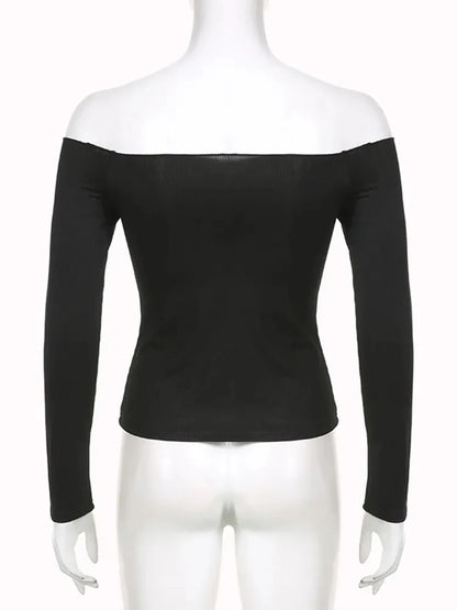 Korean Black Slash Neck Slim Cropped Long Sleeve Top