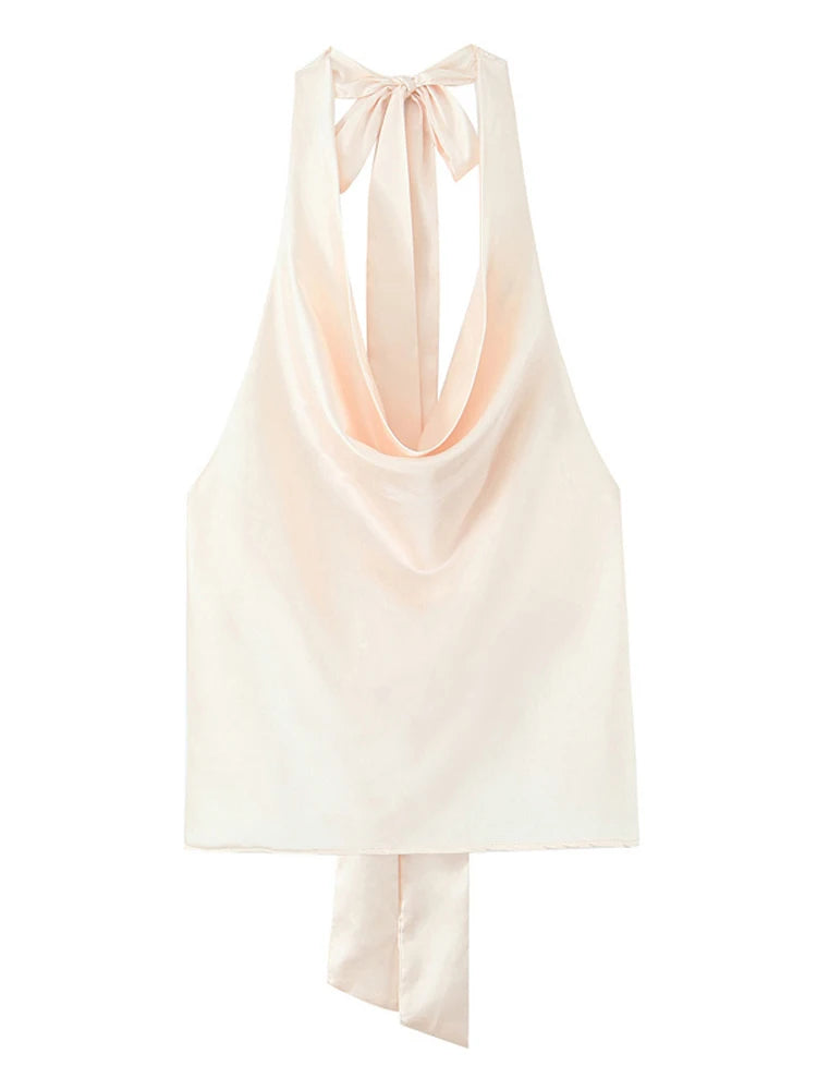 Satin Halter Top With Adjustable Tie Open Back Beach Blouse