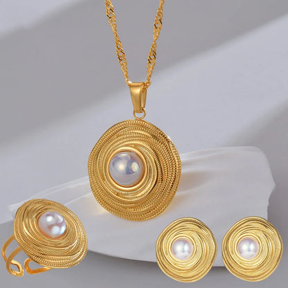 Letdiffery Vintage Golden Pearl Pendant Jewelry Set with Stainless Steel Geometric Round Earrings Necklace and Ring for Women