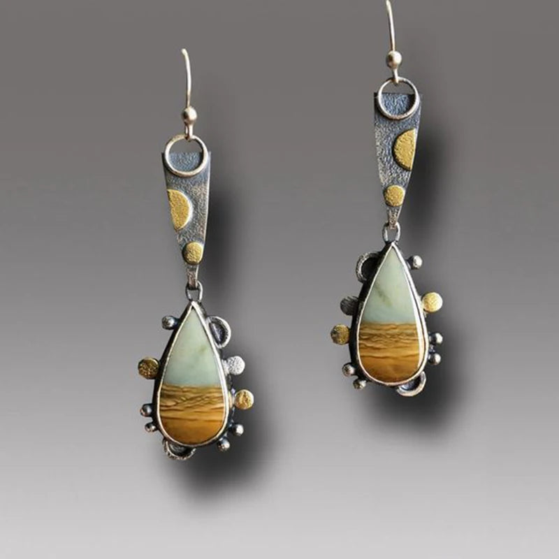 Asymmetric Bronze Red Blue Stone Drop Earrings for Women - Ethnic Statement Jewelry Gift