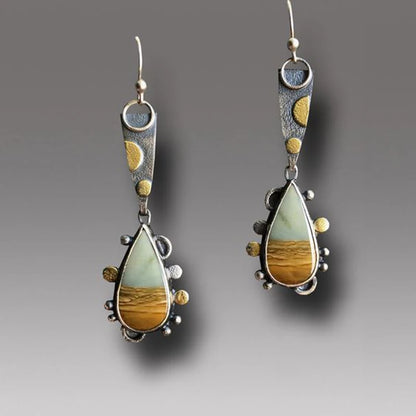 Asymmetric Bronze Red Blue Stone Drop Earrings for Women - Ethnic Statement Jewelry Gift