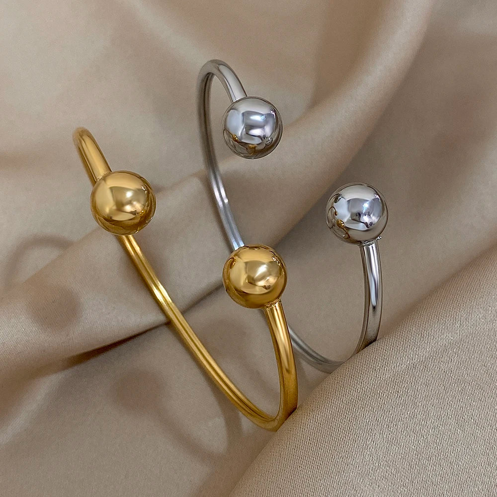 Greatera Gold Plated Minimalist Double Ball Stainless Steel Women's Cuff Bracelet