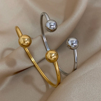 Greatera Gold Plated Minimalist Double Ball Stainless Steel Women's Cuff Bracelet