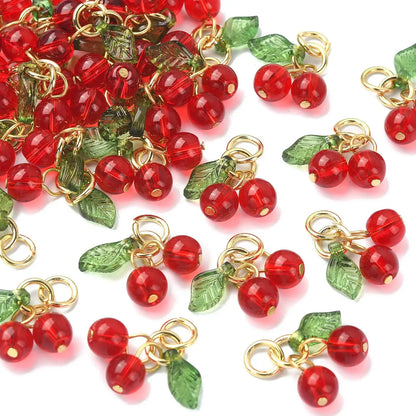 Glass Red Cherry Charms for DIY Jewelry Making Accessories - Set of 30 3D Acrylic Fruit Charms with Loop