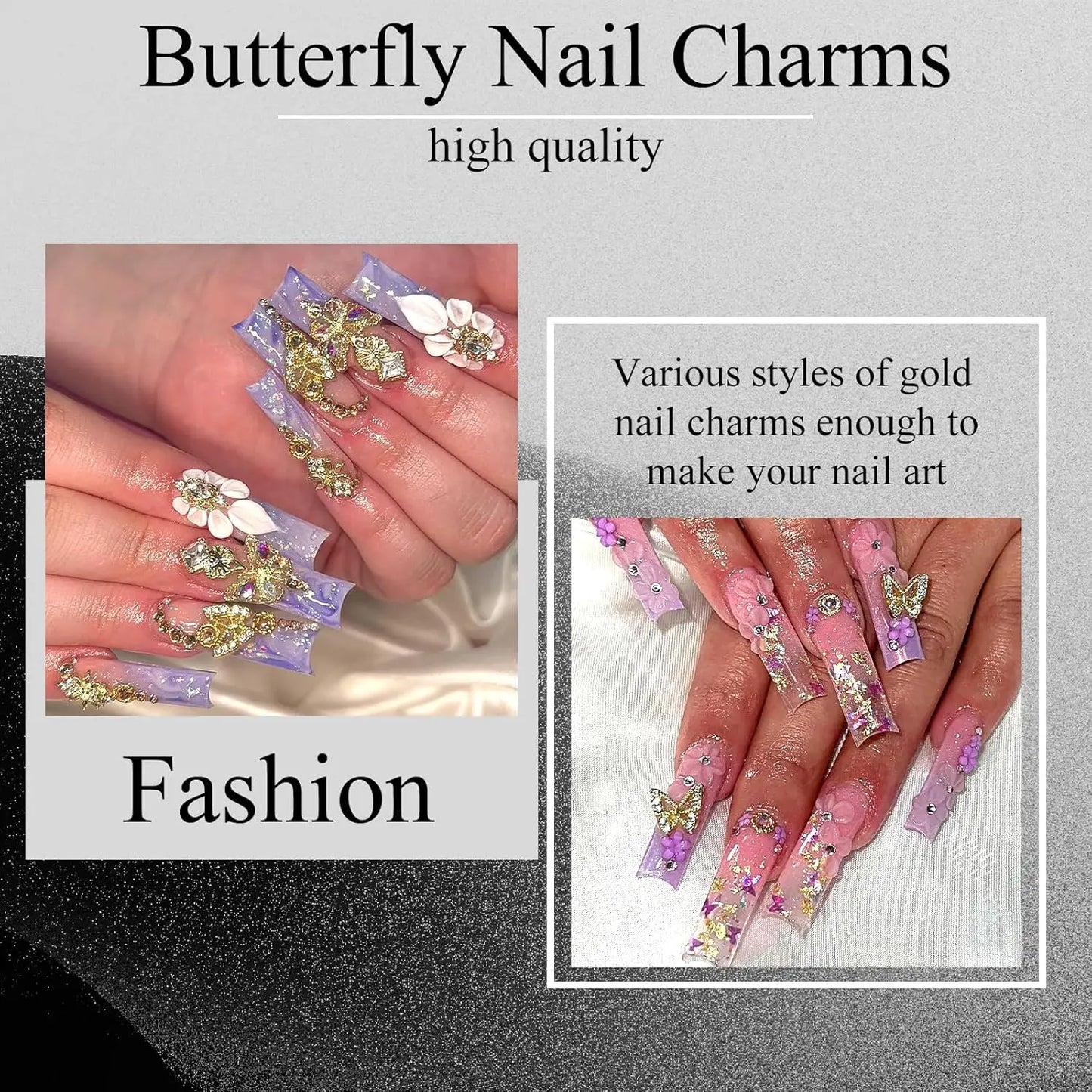 80Pc Gold 3D Nail Charms Kit Crown Butterfly Cross Crystal