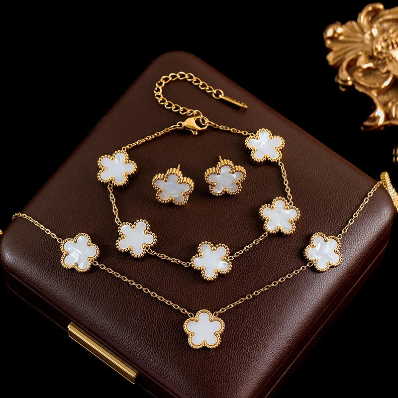 Ganemly 316L Stainless Steel Four Color Five Leaf Clover Flower Jewelry Set for Women