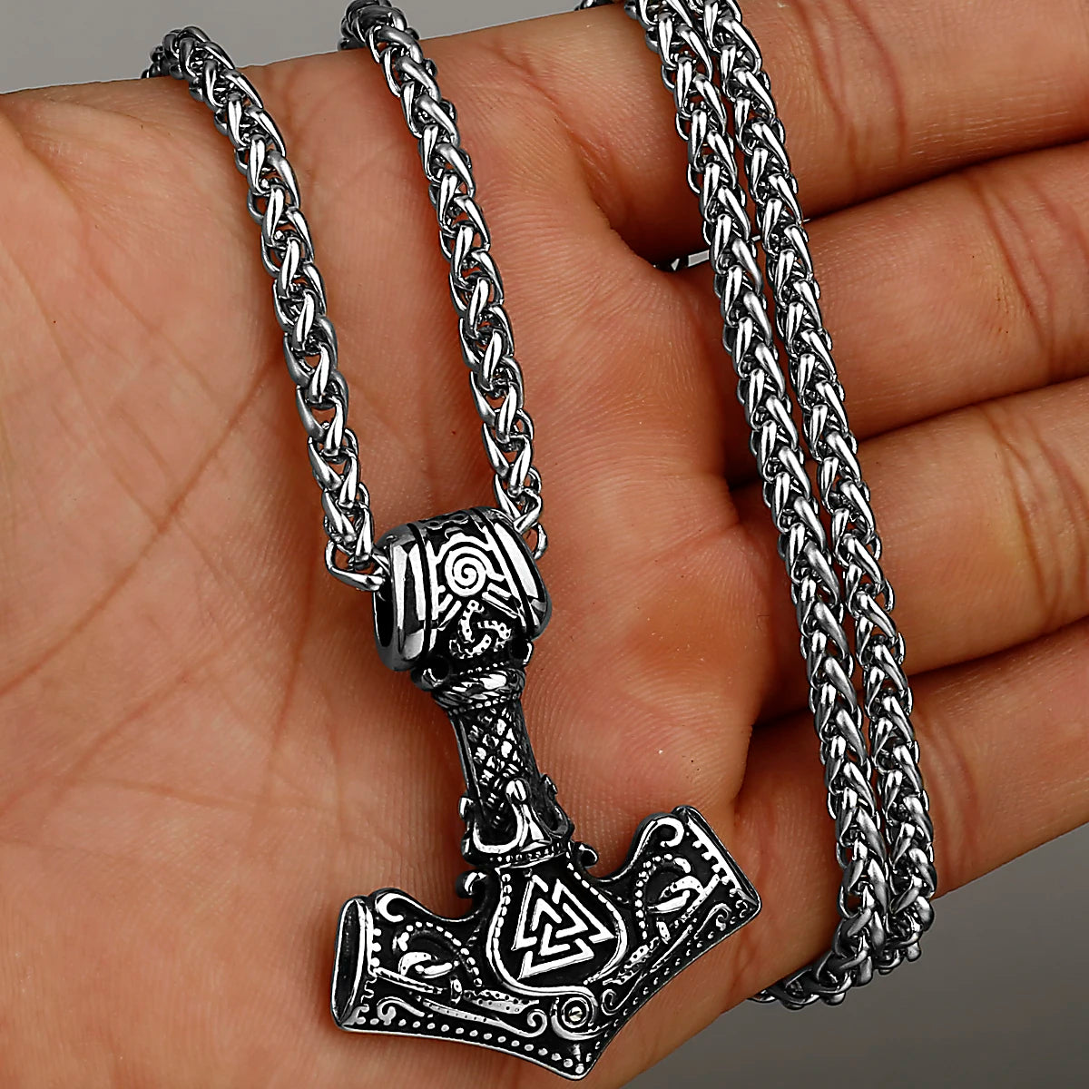 Nordic Viking Mjolnir Rune Necklace Stainless Steel Amulet Pendant for Men