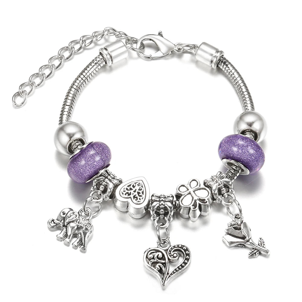 Elegant Heart Lock Charm Beaded Bangle Adjustable Snake Chain Bracelet for Women