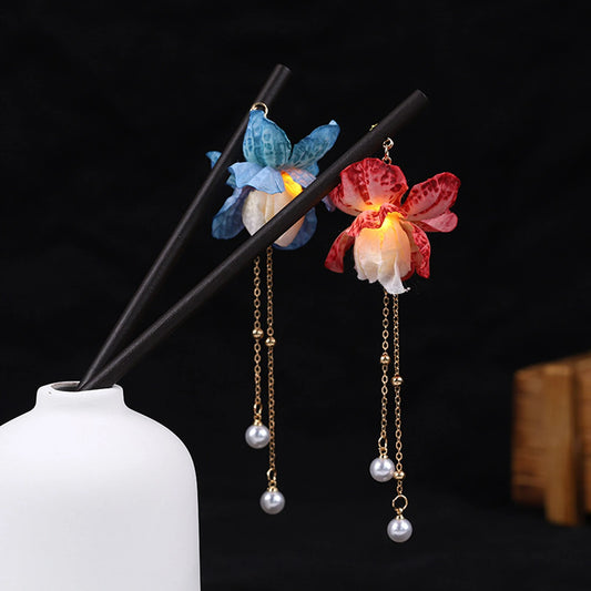 Vintage Luminous Tassel Hairpin Wooden Hanfu Hair Stick Elegant Chinese Headdress Gift