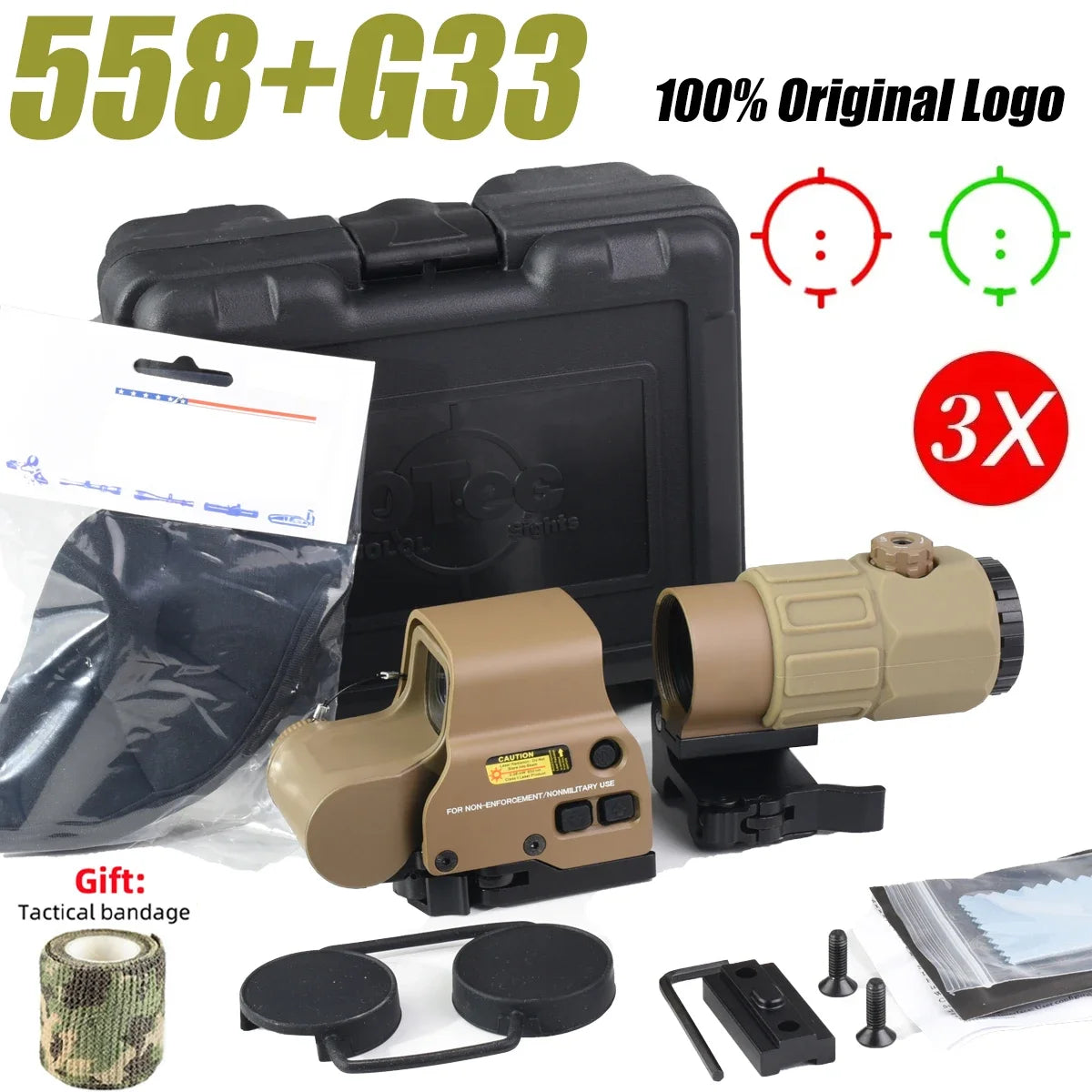E*T*CH 558 Holographic Red Green Dot Sight Collimator Tactical 3X 5X Magnifier Combo for Hunting and Airsoft Riflescope 558 G33--H--TAN
