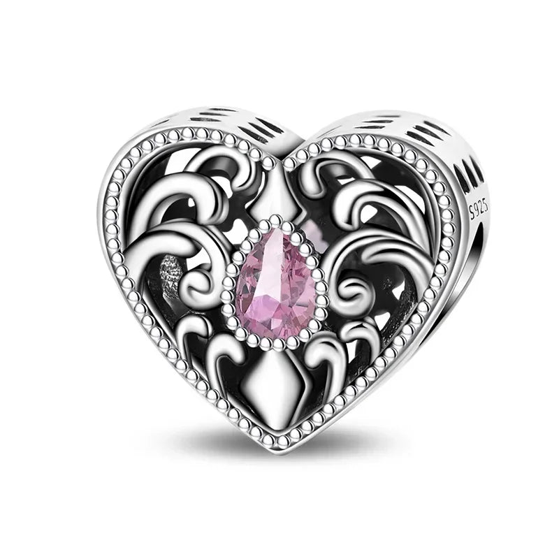 Sterling Silver Pink Blossom Dangle Charm with Butterfly Heart Flower Rose and Bird Bead for DIY Necklace and Bracelet Jewelry