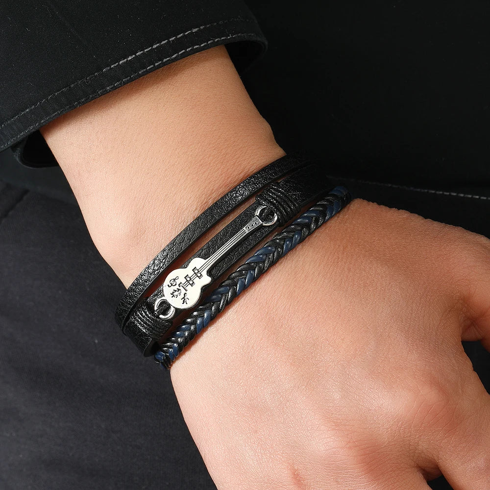 Men's Hip-Hop Rock Guitar Leather Bracelet Cuff Fashion Jewelry