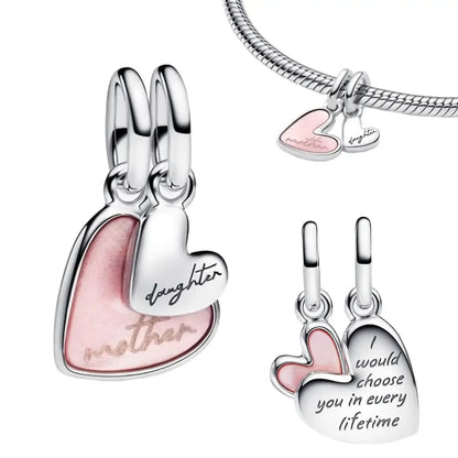 Original 925 Sterling Silver Heart Bow Mom Charm with Zircon for Women DIY Bracelets and Necklaces Fine Birthday and Mothers Day Jewelry Gift