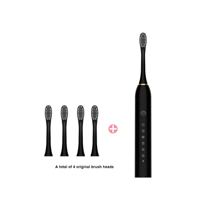 Electric Ultrasonic Toothbrush Six Speed Mode USB Charging Set Black 4 head