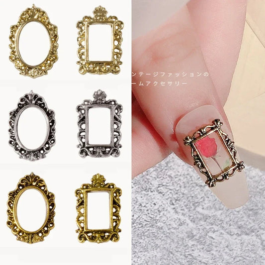 Vintage Gold 3D Charm Photo Frame Nail Art Kit with Alloy Studs - 5 Piece Set