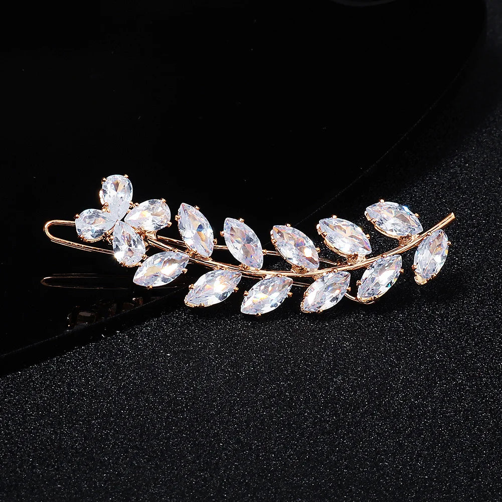 Elegant Cubic Zirconia Leaf Hair Clips for Bridal and Wedding Style