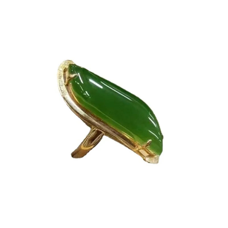 Vintage Willow Leaf Green Hotan Jade Ring with Glossy Silver Inlay for Women Adjustable Fine Jewelry
