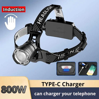 1000000LM 800W LED Powerful Headlamp USB Rechargeable Head Flashlight XHP360 800w led A