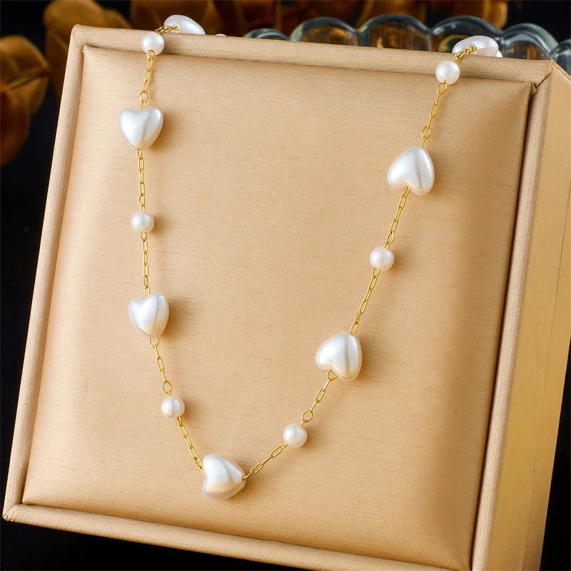 Lamengly Elegant Pearl Heart Necklace and Bracelet Set for Women