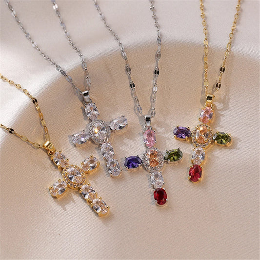Elegant Rainbow Zircon Cross Pendant Necklace in Vintage Gold for Women