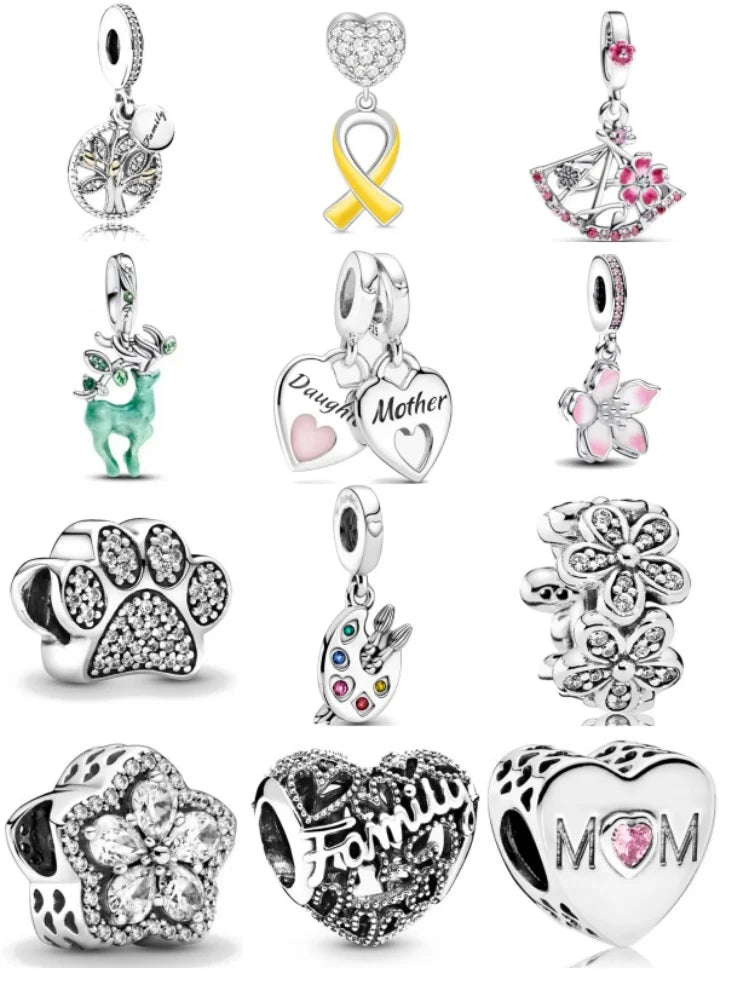 Family Charm Pendant Pink Flower Heart Clover Dangle Bead for 925 Silver Bracelets