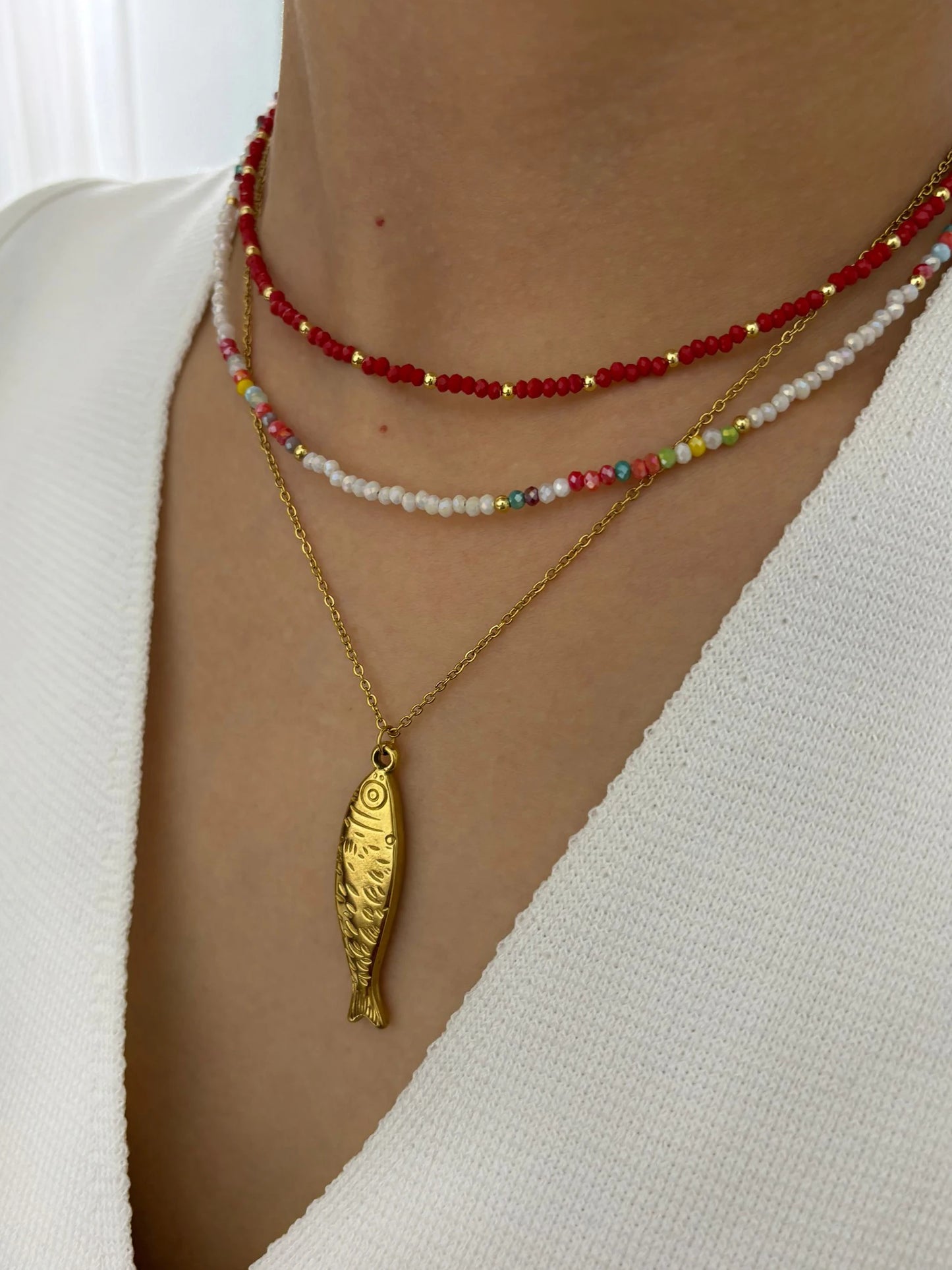 PerisBox Boho Colorful Acrylic Beaded Necklace with 18K Gold Plated Solid Fish Pendant Waterproof Stackable Jewelry for Women