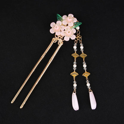 Elegant Gold Red Floral Pearl Long Tassel Hairpins Bridal Chinese Wedding Headpiece
