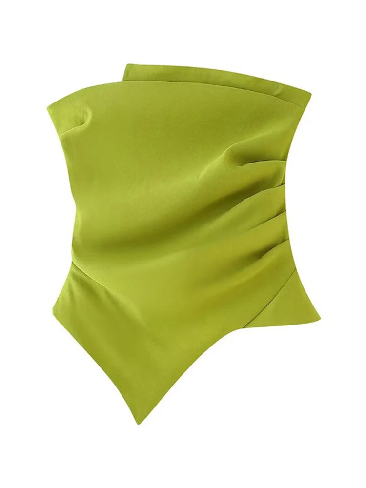 Women Fashion Strapless Pleats Asymmetrical Top Female Casual Sexy Slim Fitting Side Zipper Solid Crop Top