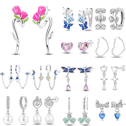 Luxury 925 Silver Pink Heart Pearl Butterfly Zircon Drop Earrings for Elegant Women
