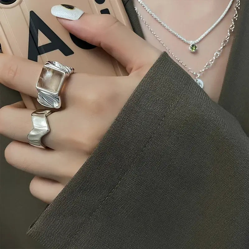 Real 925 Sterling Silver Wave Stone Adjustable Ring Jewelry