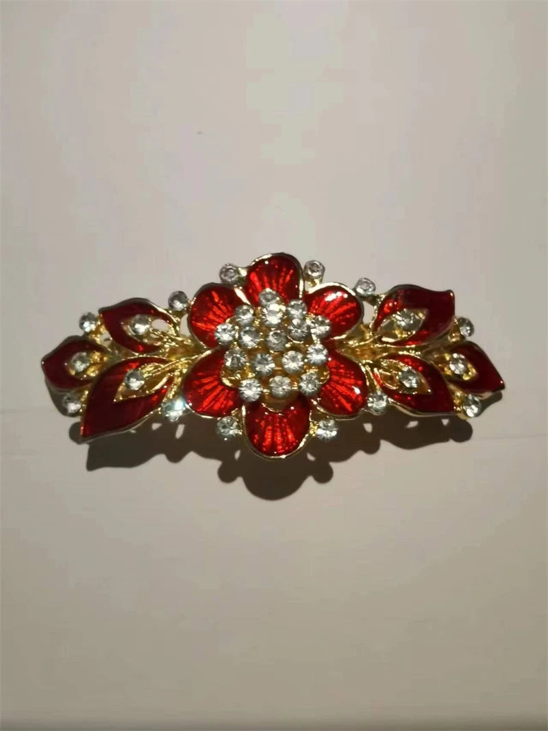 Elegant Red Crystal Flower Bow Hairpin With Vintage Blue Rhinestones