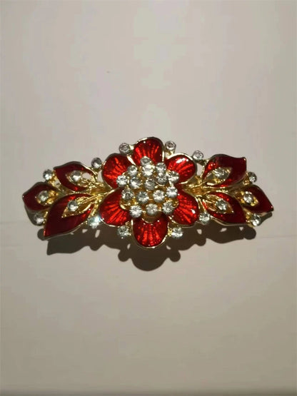 Elegant Red Crystal Flower Bow Hairpin With Vintage Blue Rhinestones