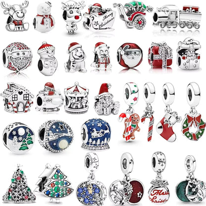 DIY Christmas Charm Bracelet with Santa Reindeer Snowman Tree Train Beads in Silver 925