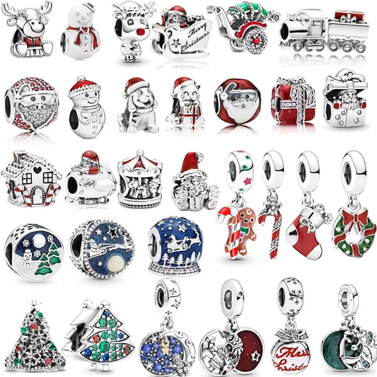 DIY Christmas Charm Bracelet with Santa Reindeer Snowman Tree Train Beads in Silver 925