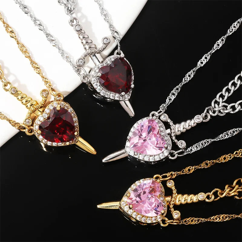 Assembled Heart and Sword Zircon Pendant Necklace Set for Couples Silver Gold Plated Choker Jewelry Gifts