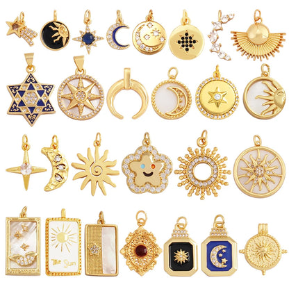 Gold-Plated Celestial Moon Star Charm Pendant with Cubic Zirconia for Jewelry Making
