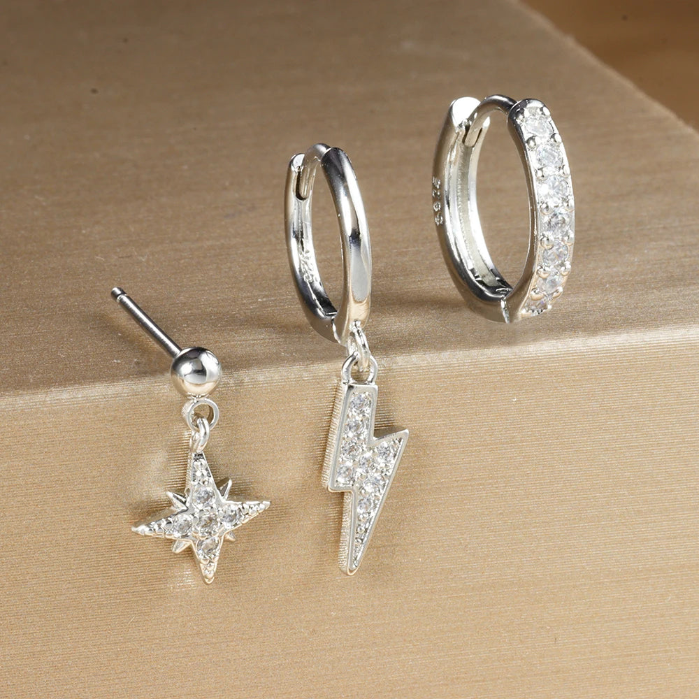 3PCS Luxury Star Pendant Earrings Set for Women Stainless Steel and Cubic Zirconia Punk Ear Studs Fashion Jewelry