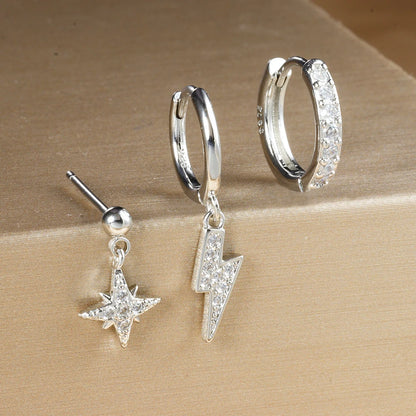 3PCS Luxury Star Pendant Earrings Set for Women Stainless Steel and Cubic Zirconia Punk Ear Studs Fashion Jewelry