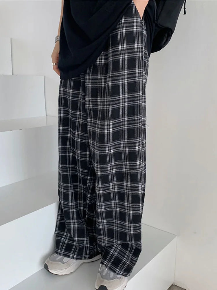 Black Plaid Wide Leg Pants Women Casual Harajuku Streetwear