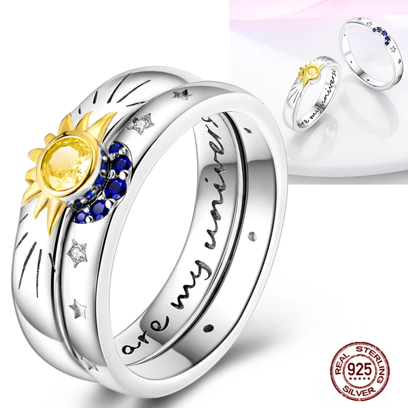 Hot Blue Zircon Rings for Women in 925 Sterling Silver Sparkling Star and Moon Design Elegant Heart Wedding Jewelry LLTR240