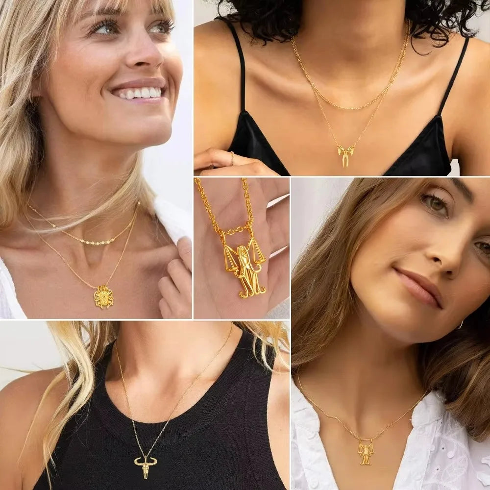 U7 Zodiac Constellations Pendant Necklace Unisex 3D Horoscope Charm Jewelry Gift