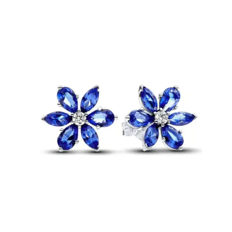 Spring Blue Flower Stud Earrings 925 Sterling Silver Zircon Jewelry for Women P1935