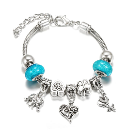Elegant Heart Lock Charm Beaded Bangle Adjustable Snake Chain Bracelet for Women