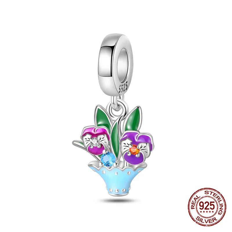Elegant Sterling Silver Purple Flower Beads for DIY Jewelry and Charm Bracelets